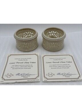 Pair 2 Lenox "Illuminations" Votive Pierced Tea Light Candle Holders 24K Trim